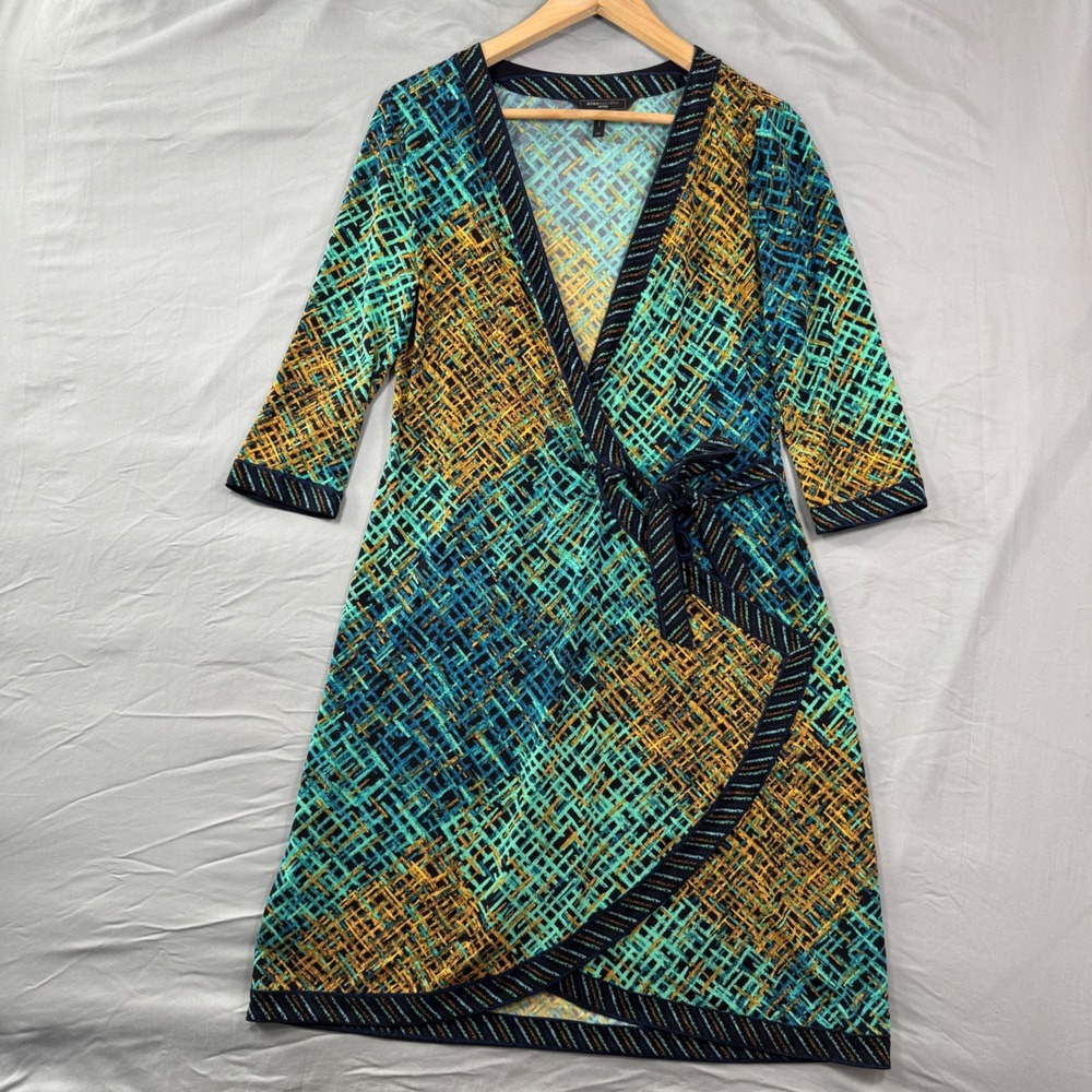 BCBGMAXAZRIA Womens Teal Yellow Geometric AOP Wrap‎ Midi Dress Adele M/P Flowy